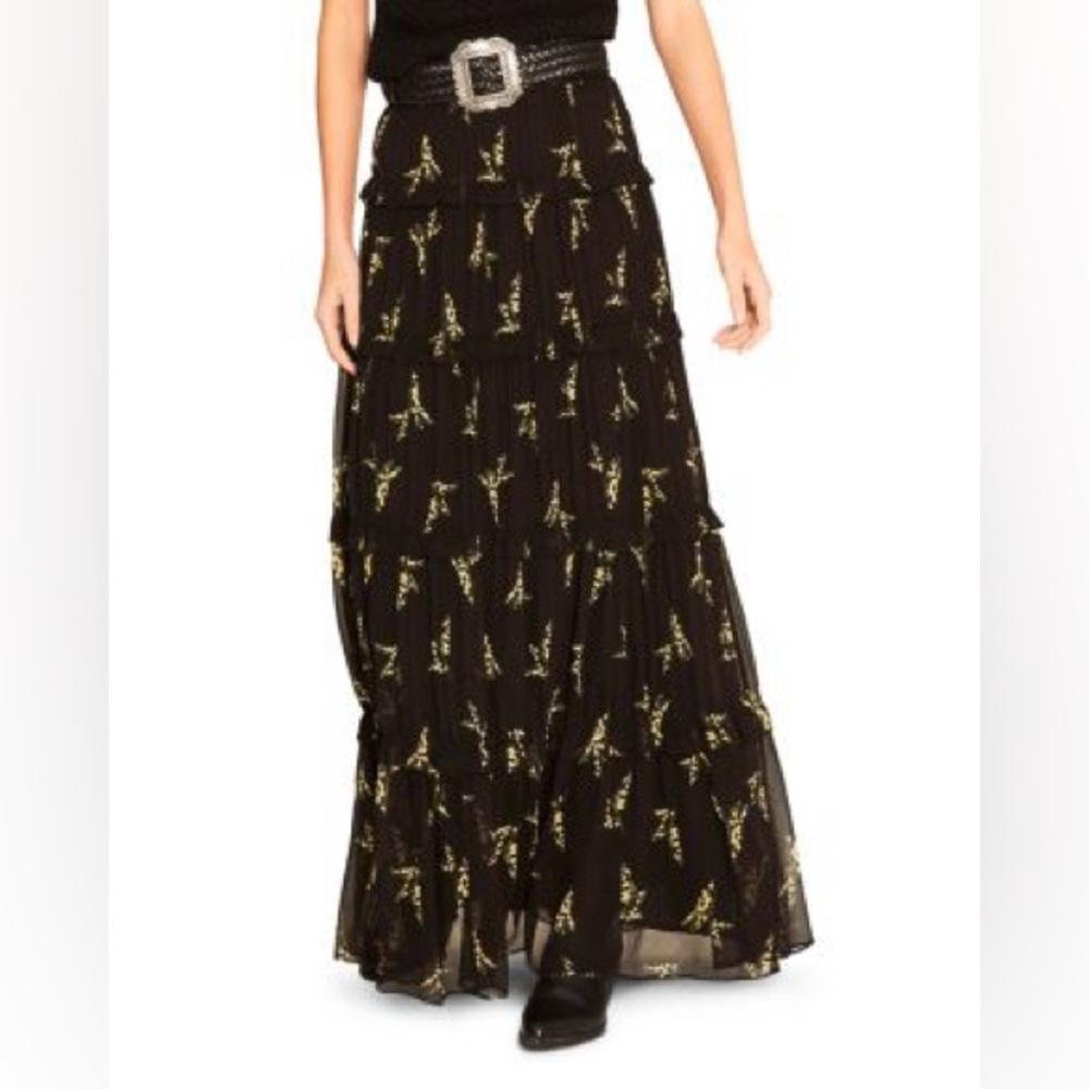 ba&sh Margarita Midi Skirt Maxi black floral tiered ruffle cottagecore boho sml - Picture 3 of 9
